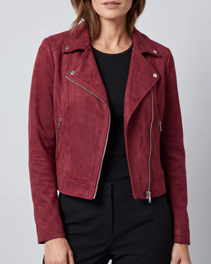Women's Biker Jacket – Cropped Faux Suede, Lapel Collar