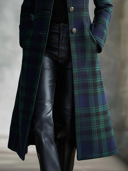 Women's Midi Coat – Plaid, High Collar, Wool Blend