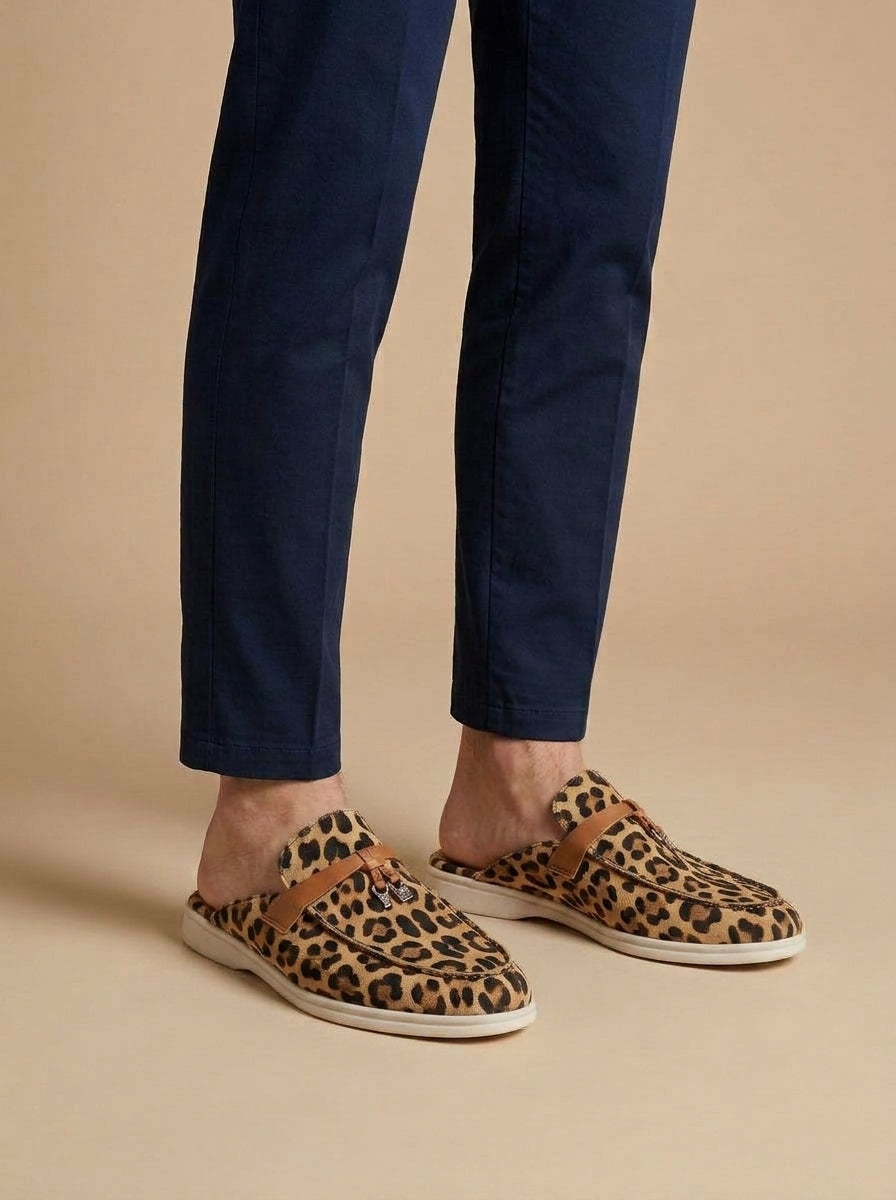 Lorenzo | Men's Suede Mule Loafers Slip-On — Leopard Print
