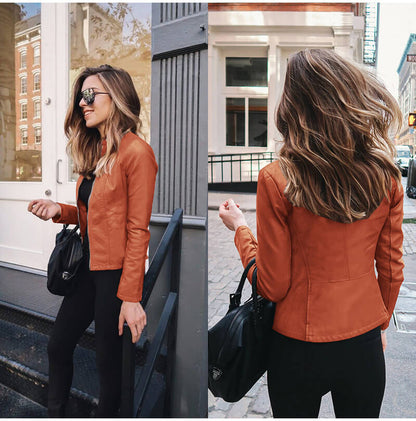 Women's Faux Leather Jacket with Stand Collar