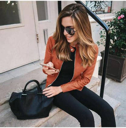 Women's Faux Leather Jacket with Stand Collar