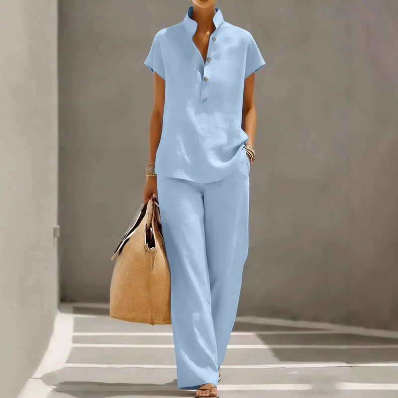 Belle | Women's Linen Henley Top - Wide Leg Pants Matching Set