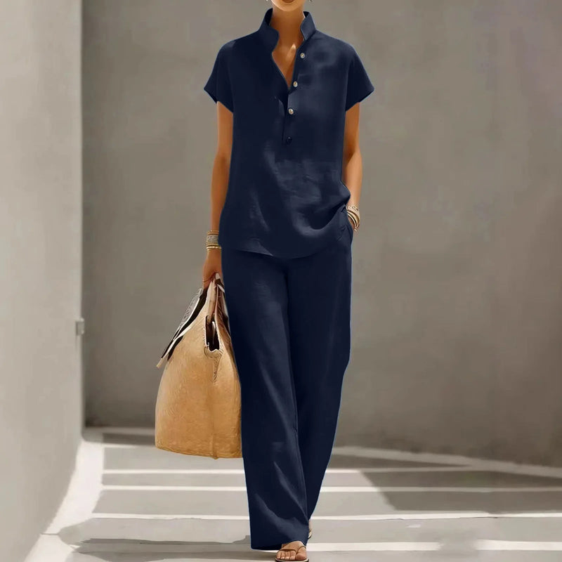 Belle | Women's Linen Henley Top - Wide Leg Pants Matching Set