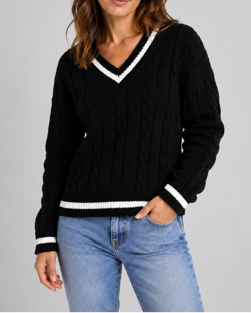 Women's Cable Knit Sweater – V-Neck, Stripe Trim