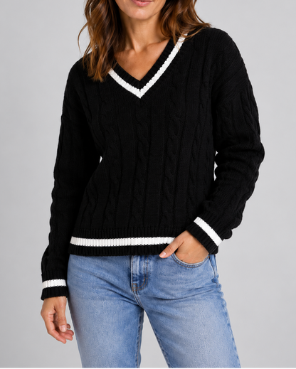 Women's Cable Knit Sweater – V-Neck, Stripe Trim