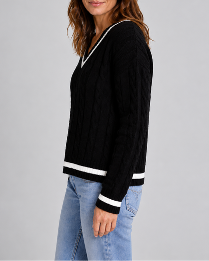 Women's Cable Knit Sweater – V-Neck, Stripe Trim