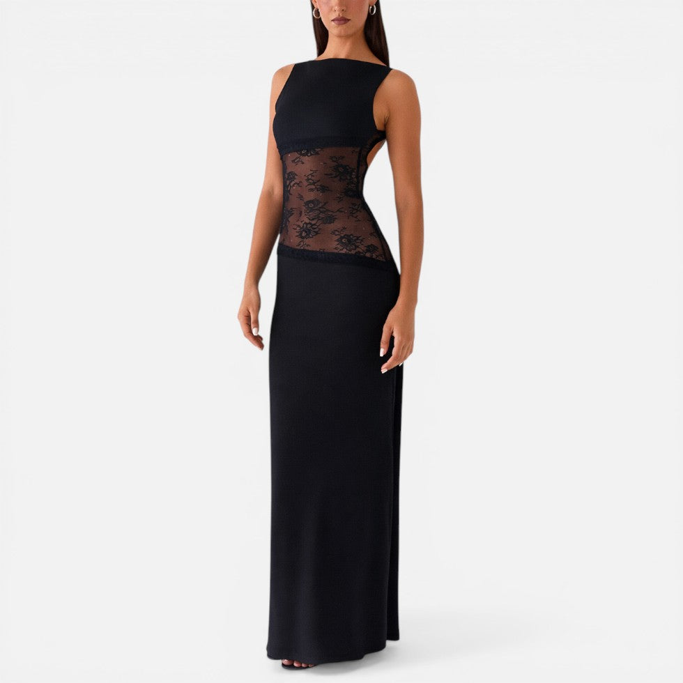 Women's Lace Waist Maxi Dress with Open Back