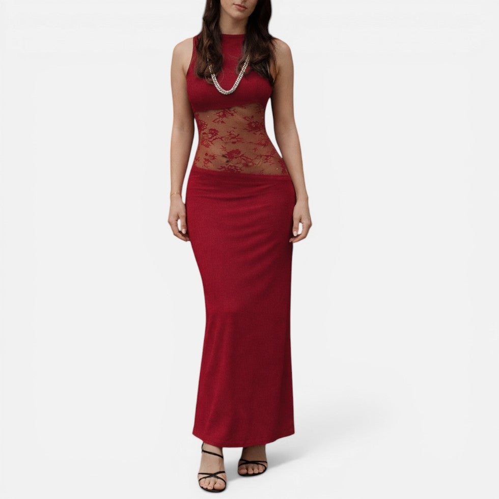 Women's Lace Waist Maxi Dress with Open Back