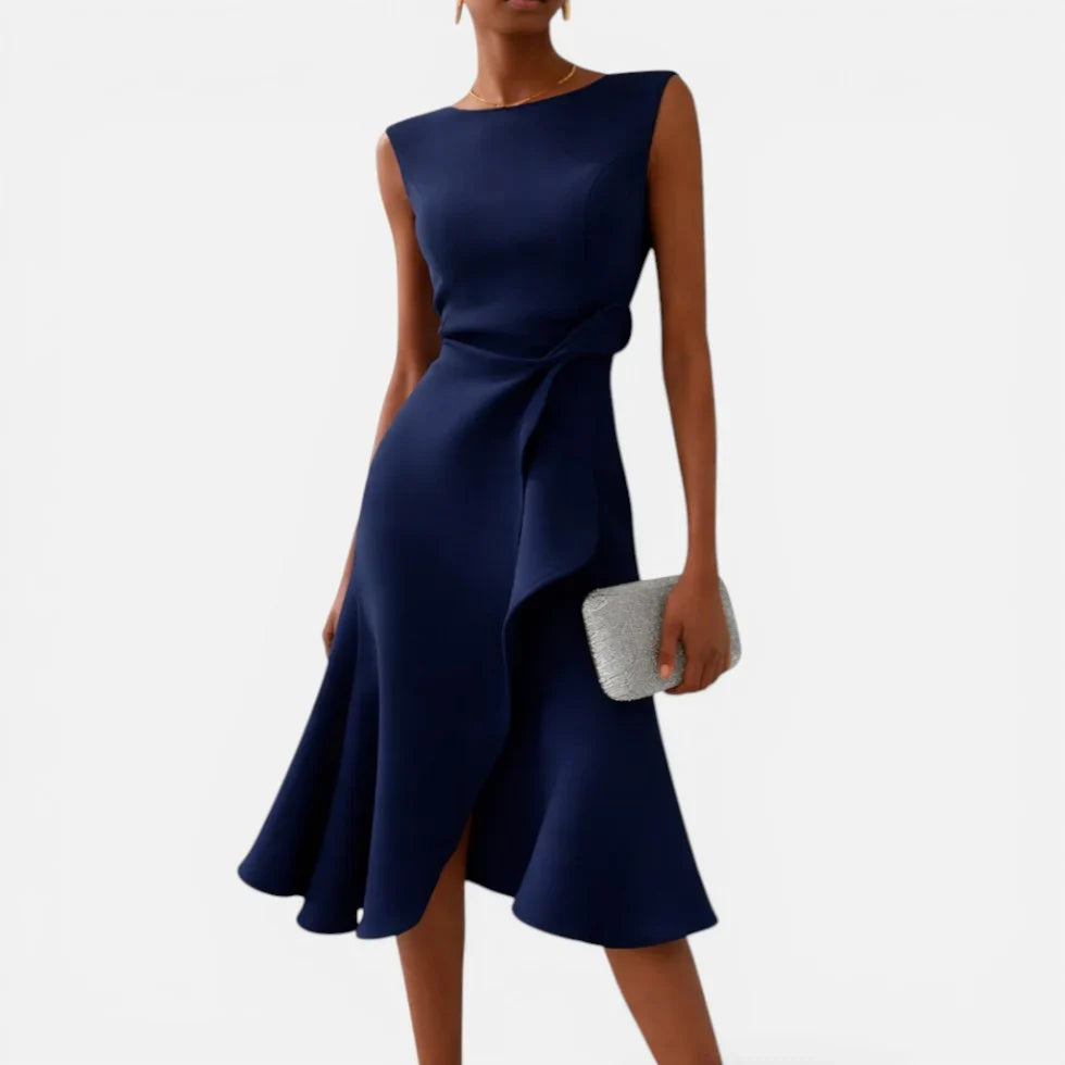 Women's Round Neck Sleeveless Midi Dress with Draped Waist