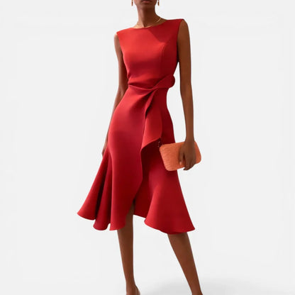 Women's Round Neck Sleeveless Midi Dress with Draped Waist