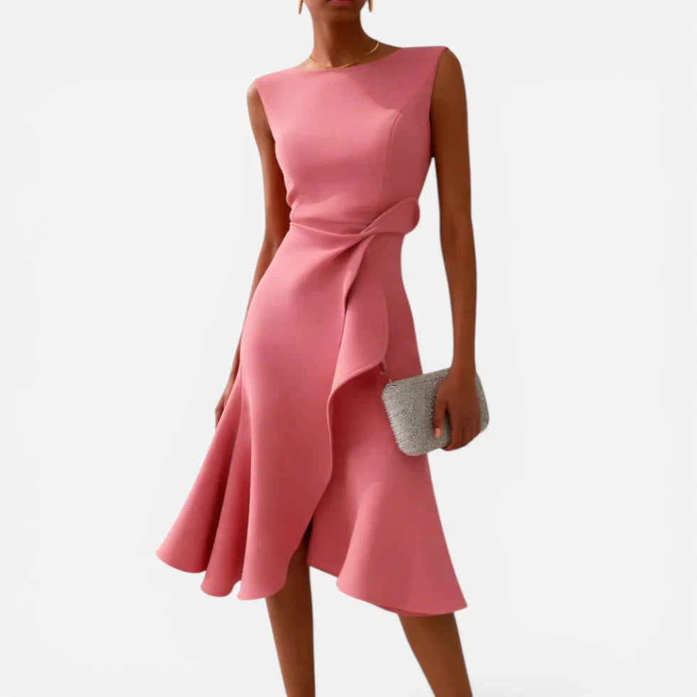 Women's Round Neck Sleeveless Midi Dress with Draped Waist