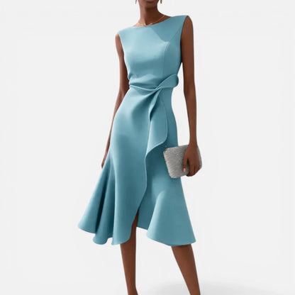 Women's Round Neck Sleeveless Midi Dress with Draped Waist