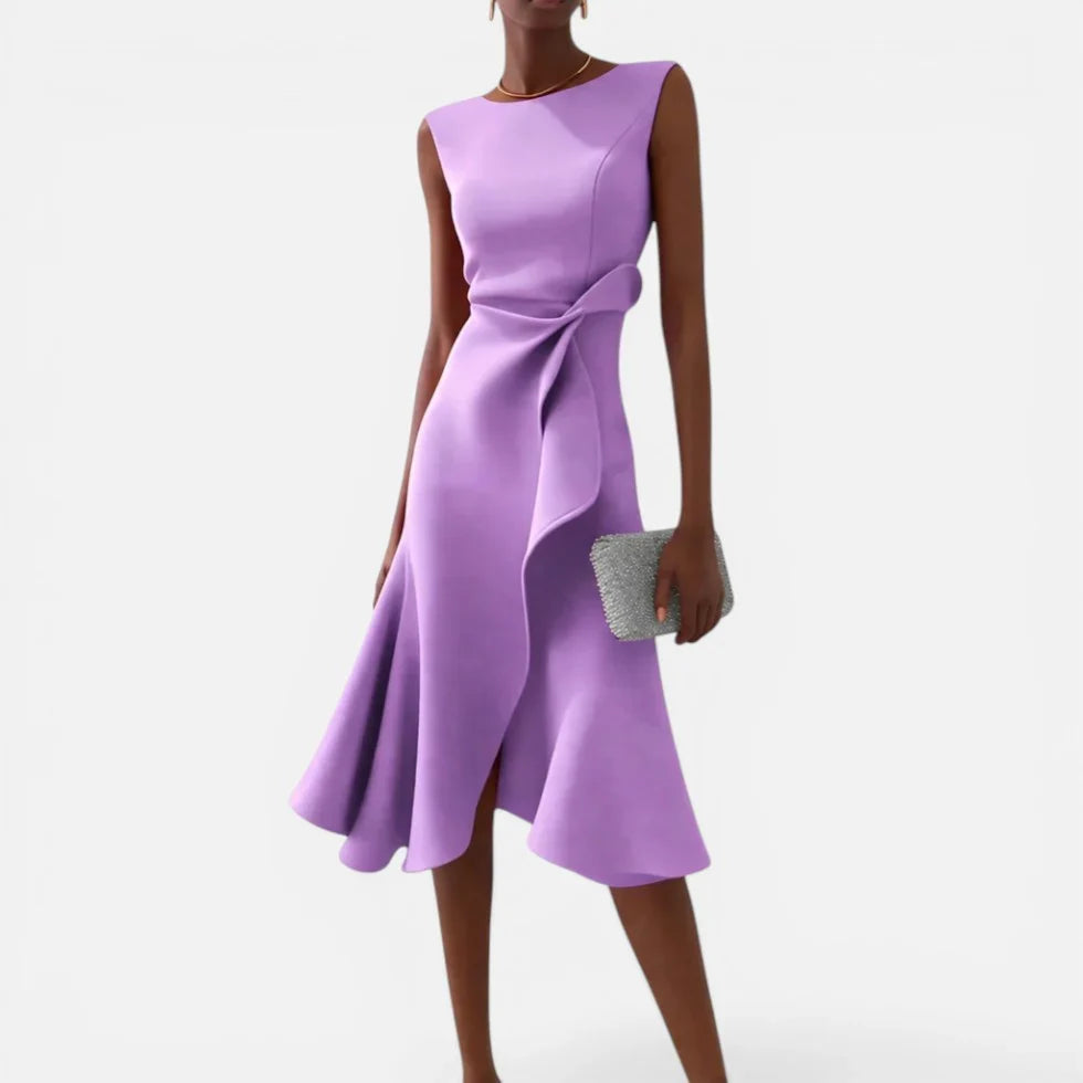 Women's Round Neck Sleeveless Midi Dress with Draped Waist