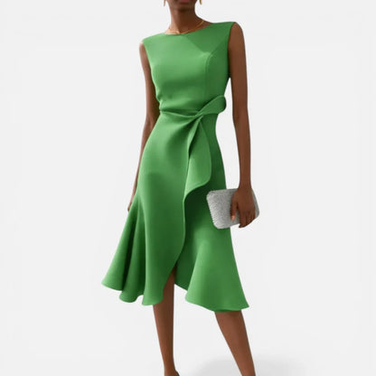 Women's Round Neck Sleeveless Midi Dress with Draped Waist