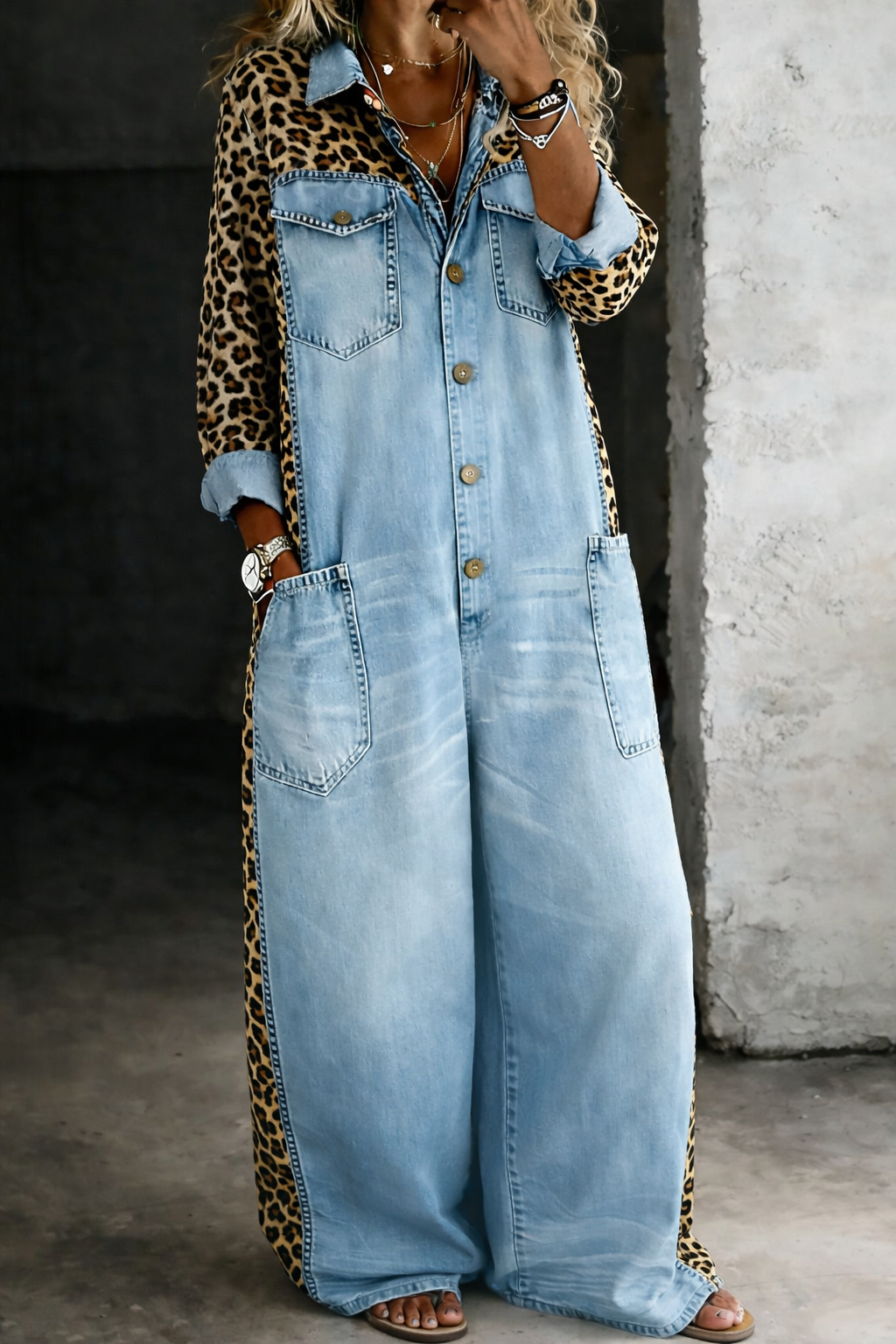 Women's Wide-Leg Denim Jumpsuit with Leopard Print