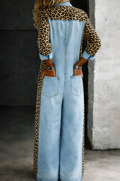 Women's Wide-Leg Denim Jumpsuit with Leopard Print
