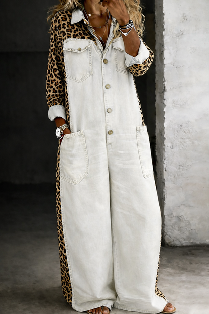 Women's Wide-Leg Denim Jumpsuit with Leopard Print