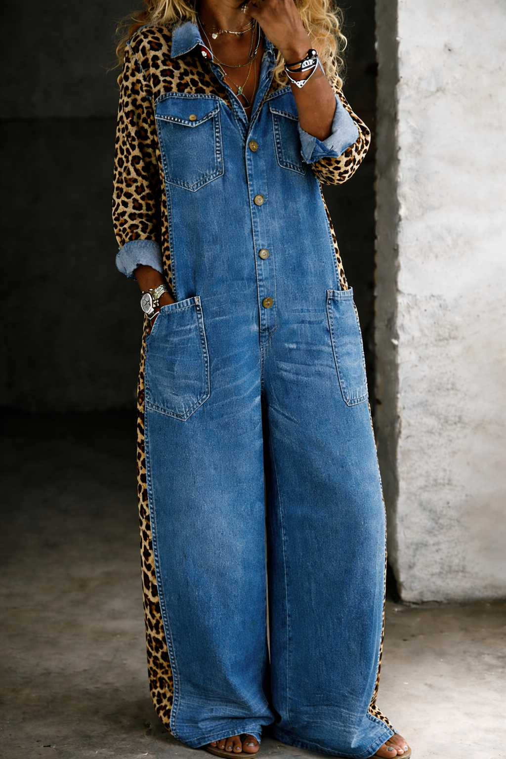 Women's Wide-Leg Denim Jumpsuit with Leopard Print