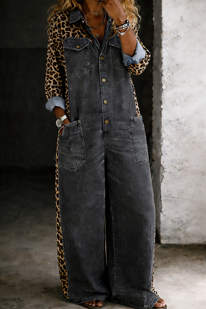 Women's Wide-Leg Denim Jumpsuit with Leopard Print