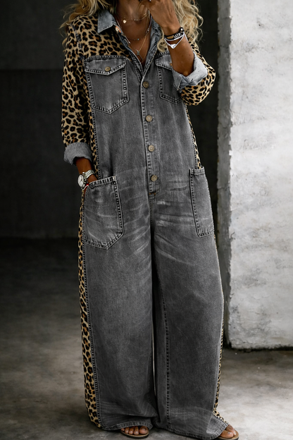 Women's Wide-Leg Denim Jumpsuit with Leopard Print