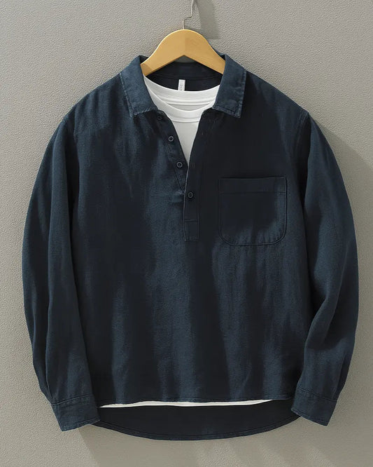 Men's Linen Shirt Half Button Popover Oversized Long Sleeve