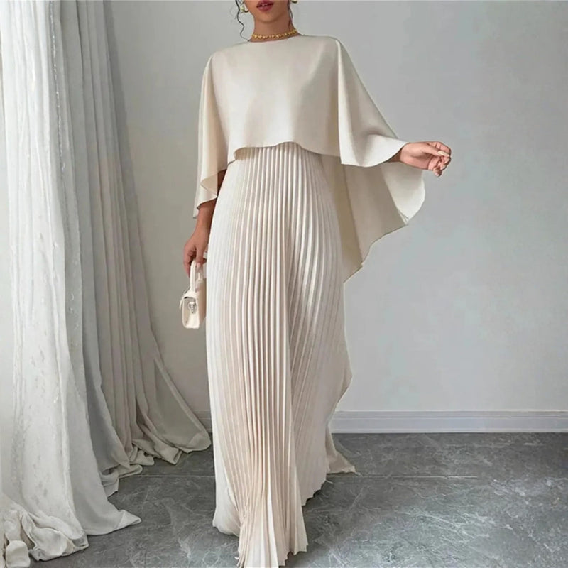 Women's Pleated Maxi Dress with Cape Overlay