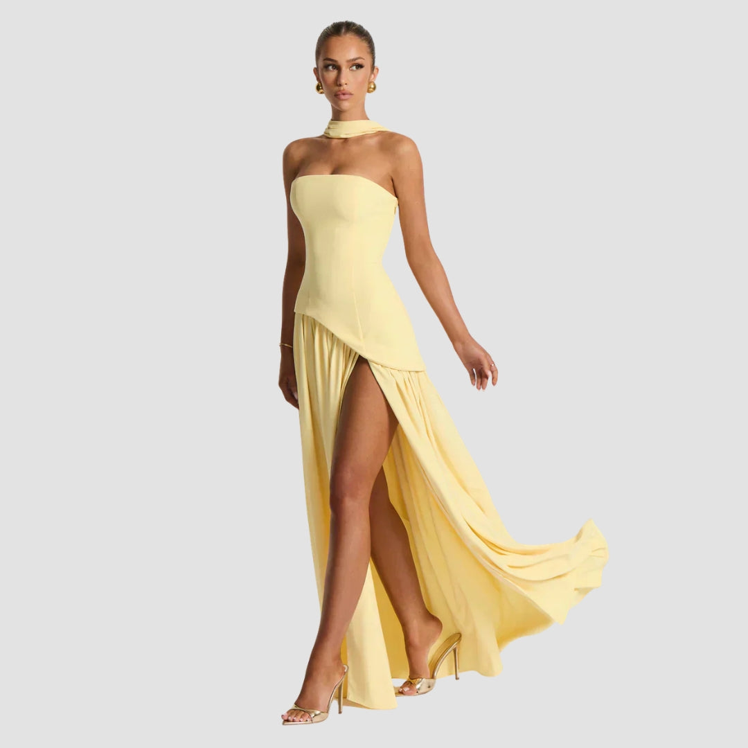 Women's Strapless Asymmetric High Slit Maxi Dress