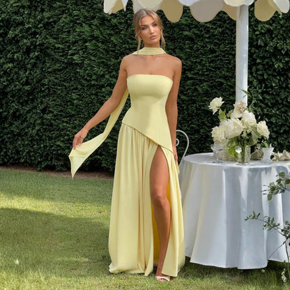 Women's Strapless Asymmetric High Slit Maxi Dress