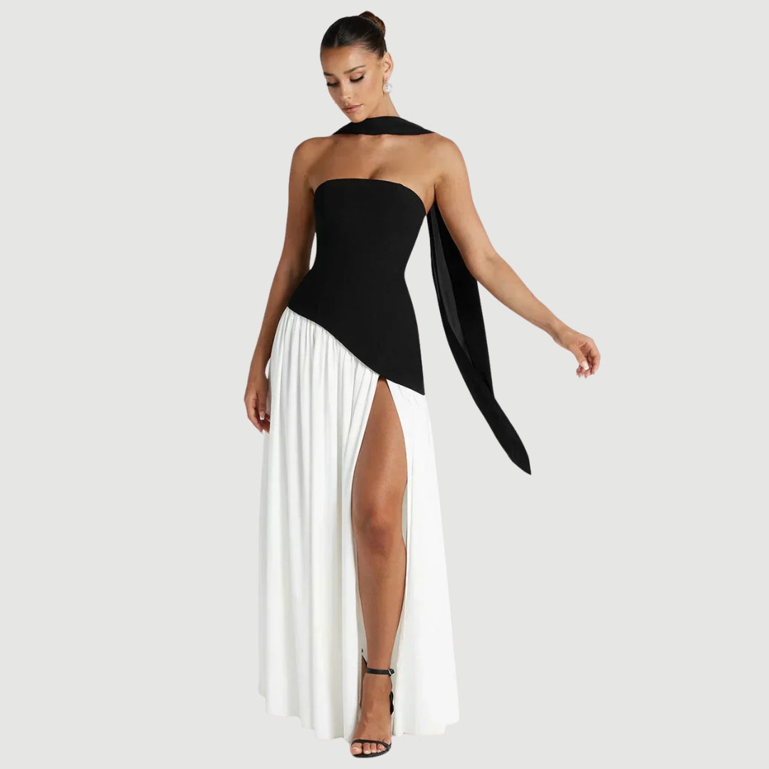 Women's Strapless Asymmetric High Slit Maxi Dress