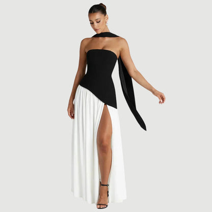 Women's Strapless Asymmetric High Slit Maxi Dress
