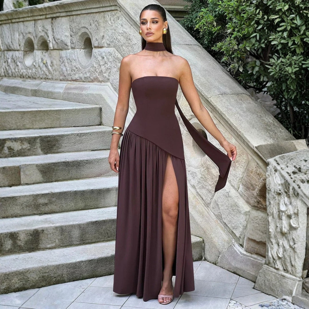 Women's Strapless Asymmetric High Slit Maxi Dress