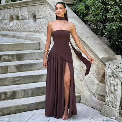 Women's Strapless Asymmetric High Slit Maxi Dress