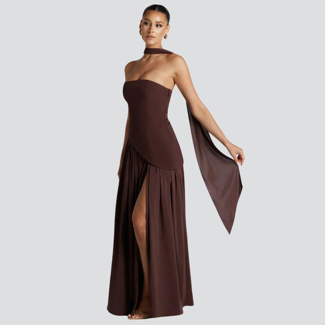 Women's Strapless Asymmetric High Slit Maxi Dress