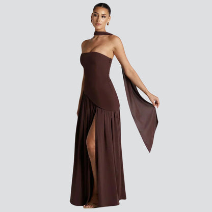 Women's Strapless Asymmetric High Slit Maxi Dress