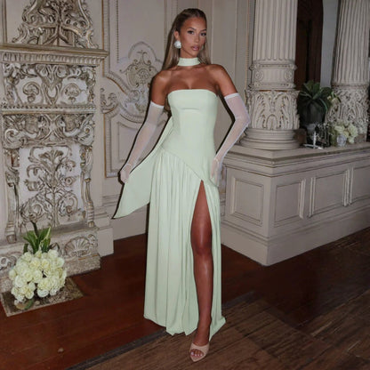 Women's Strapless Asymmetric High Slit Maxi Dress