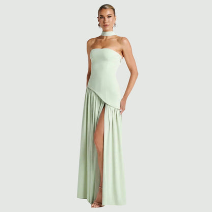 Women's Strapless Asymmetric High Slit Maxi Dress