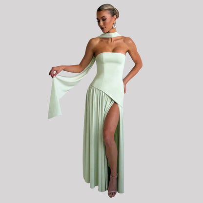 Women's Strapless Asymmetric High Slit Maxi Dress