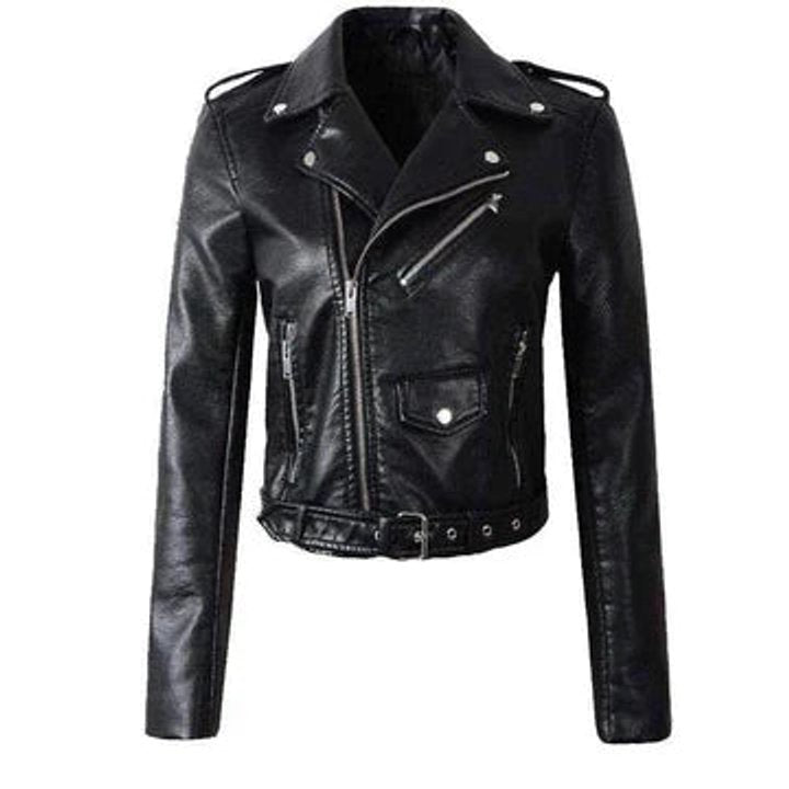 Women's Cropped Faux Leather Biker Jacket with Belt