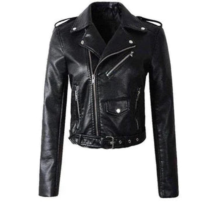 Women's Cropped Faux Leather Biker Jacket with Belt