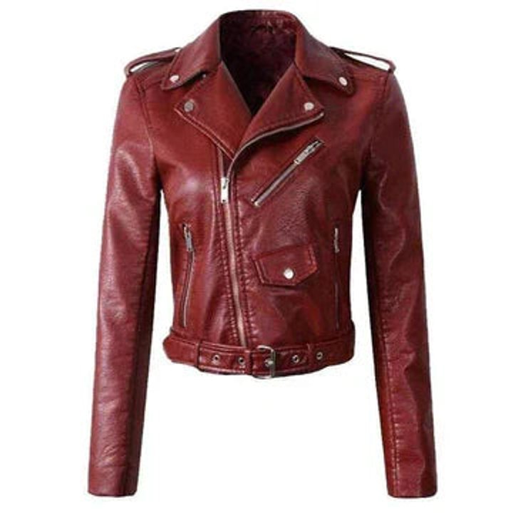 Women's Cropped Faux Leather Biker Jacket with Belt