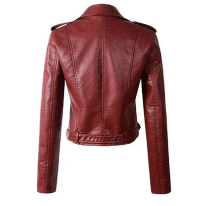 Women's Cropped Faux Leather Biker Jacket with Belt