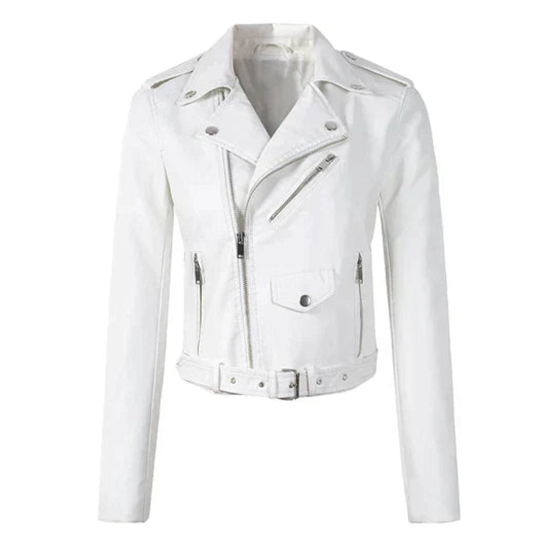 Women's Cropped Faux Leather Biker Jacket with Belt