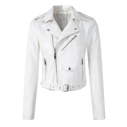 Women's Cropped Faux Leather Biker Jacket with Belt