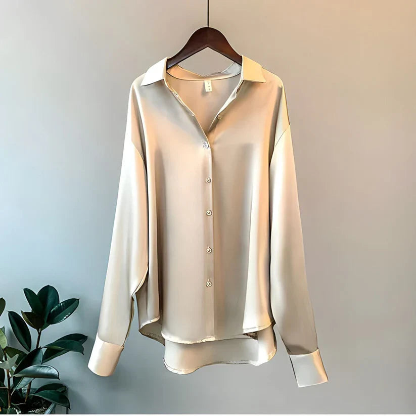 Women's Satin Long Sleeve Collared Blouse