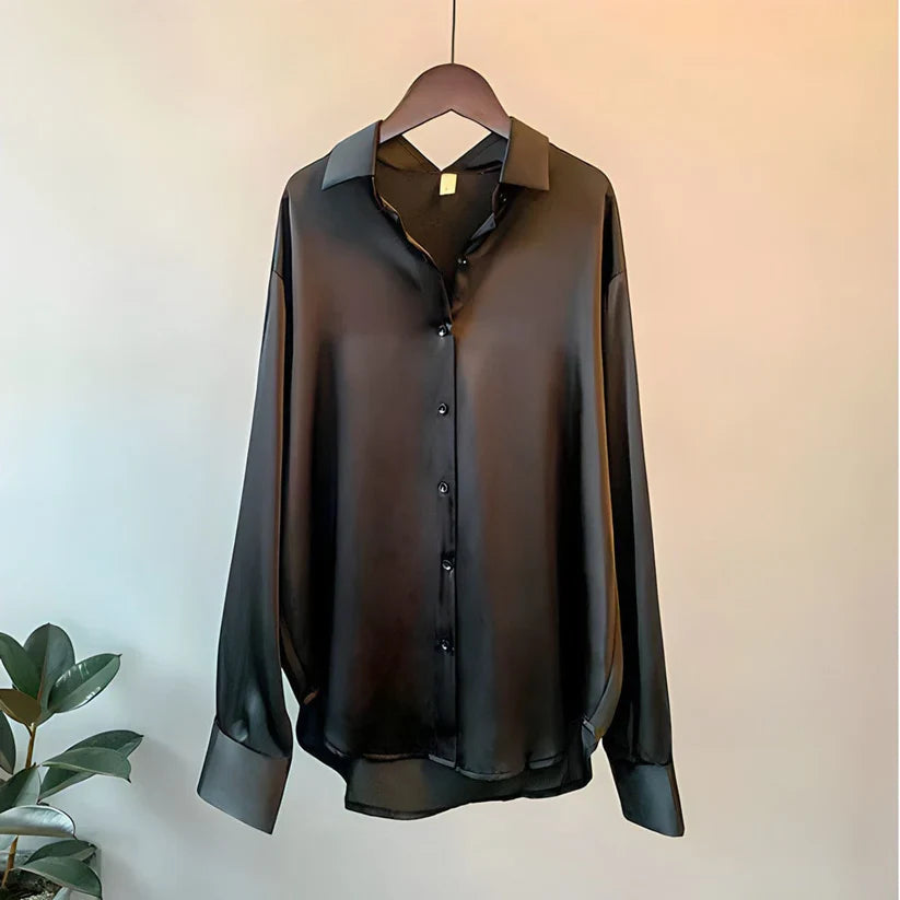 Women's Satin Long Sleeve Collared Blouse