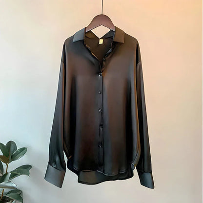 Women's Satin Long Sleeve Collared Blouse