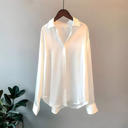 Women's Satin Long Sleeve Collared Blouse