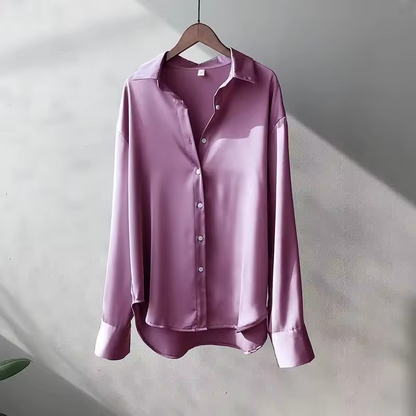 Women's Satin Long Sleeve Collared Blouse