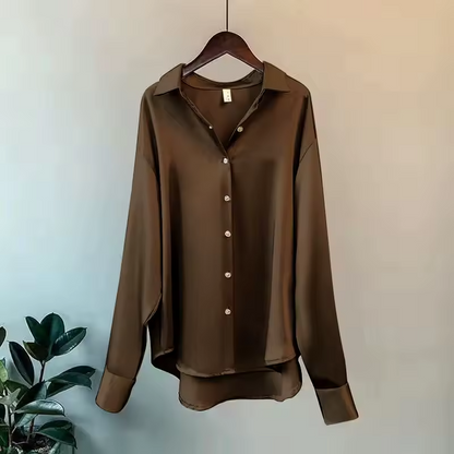 Women's Satin Long Sleeve Collared Blouse