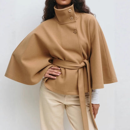 Women's Belted Cape Coat with High Collar